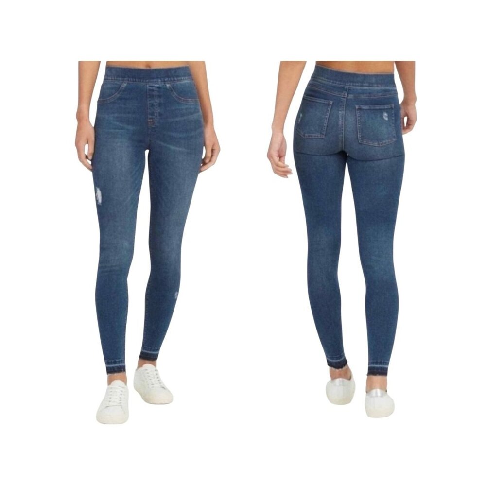 Spanx Womens Large Dark Wash Skinny Denim Leggings With Distressed Details